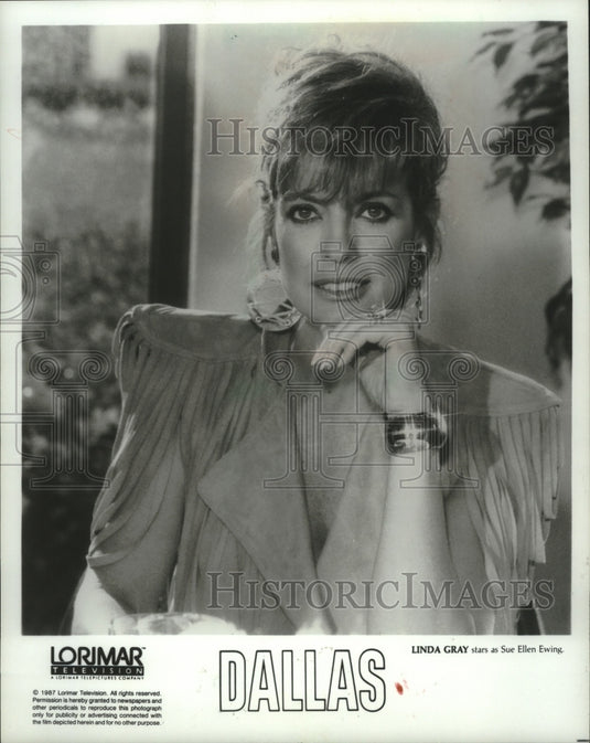 1987 Press Photo Linda Gray stars as Sue Ellen Ewing on "Dallas" - mjx52521- Historic Images