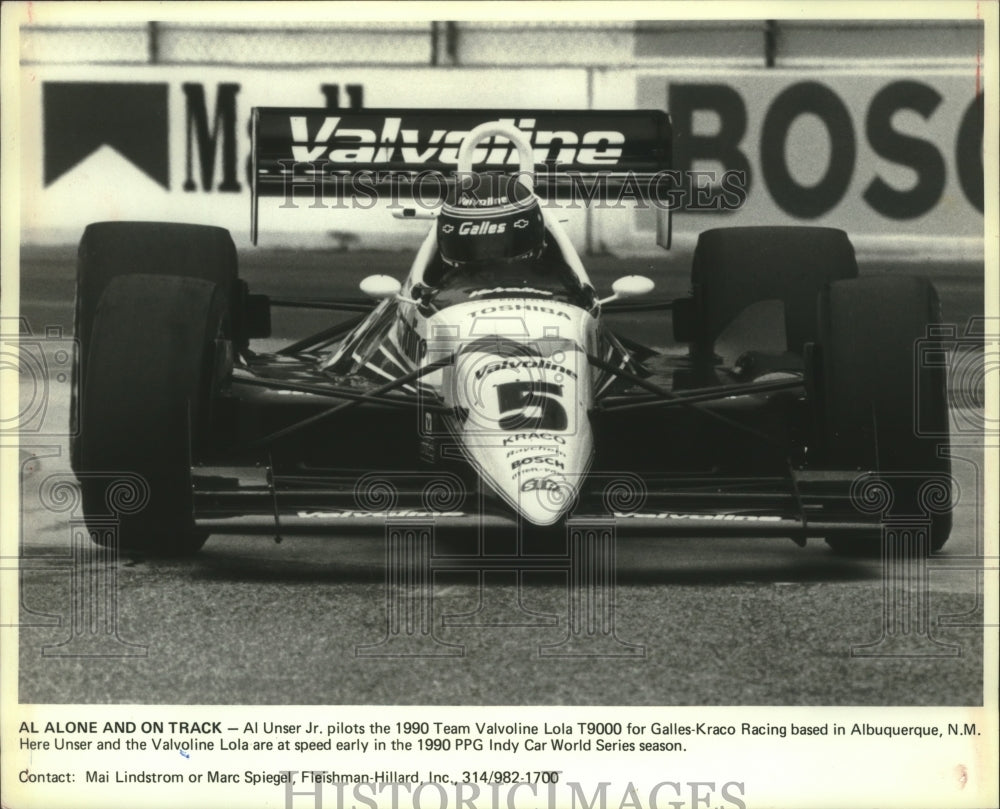 1990 Press Photo Al Unser, Jr., pilots the 1990 Team Valvoline Lola T9000- Historic Images