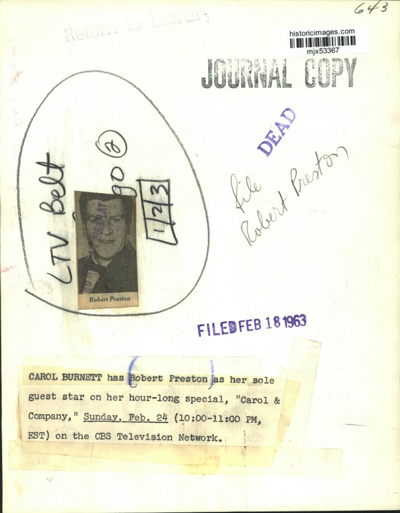 1963 Press Photo Robert Preston, Carol Burnett, promo shot, "Carol & Company"