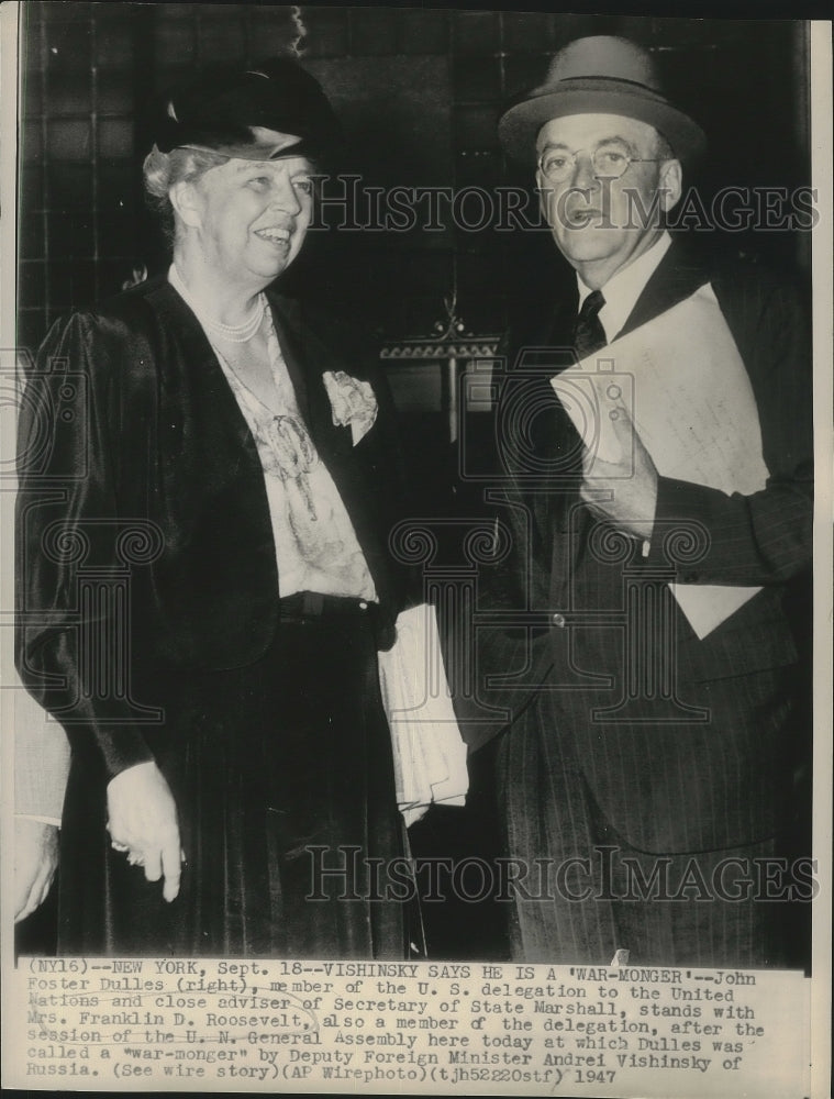 1947 Press Photo Mrs. Franklin D. Roosevelt and John Foster Dulles - mjx53500- Historic Images
