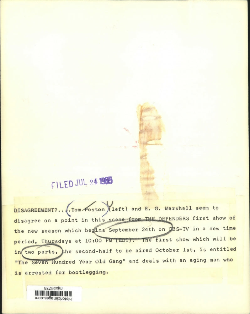 1965 Press Photo Tom Poston and E. G. Marshall star in "The Defenders" on CBS