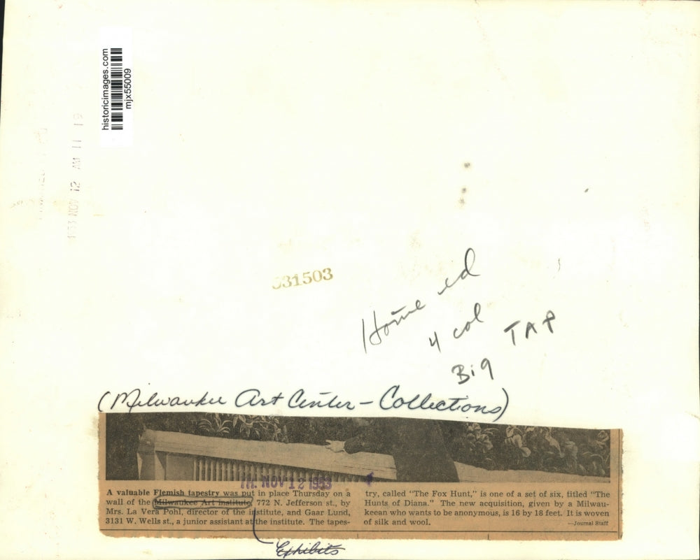 1953 Press Photo Milwaukee Art Institute acquires six Flemish tapestries