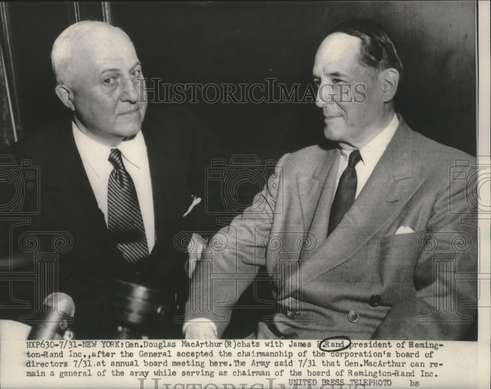 1952 Press Photo General MacArthur accepts chair of Remington-Rand Inc, New York- Historic Images