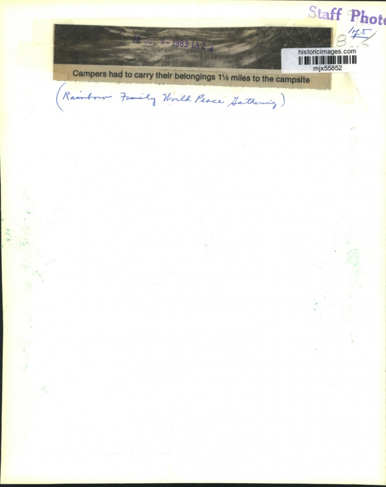 1983 Press Photo Rainbow Family World Peace Gathering Campers walk a trail