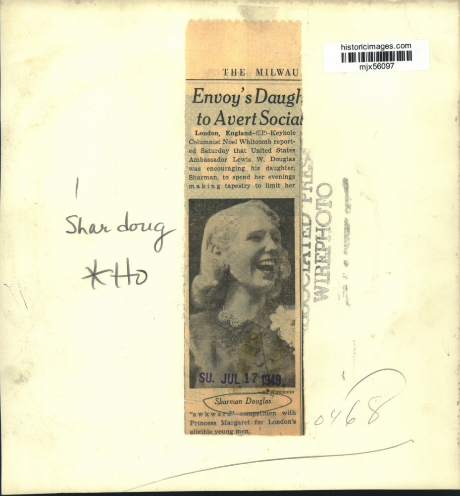 1949 Press Photo Sharman Douglas, daughter of Ambassador Lewis Douglas