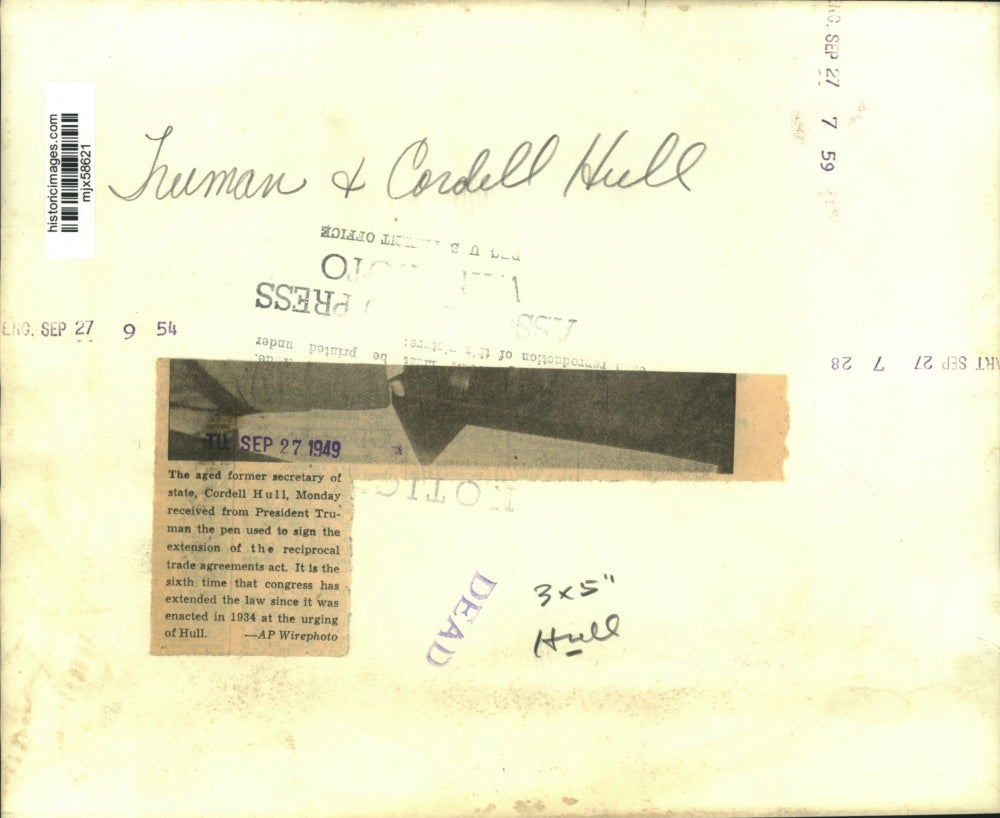 1949 Press Photo Former Secretary of State, Cordell Hull & President Truman