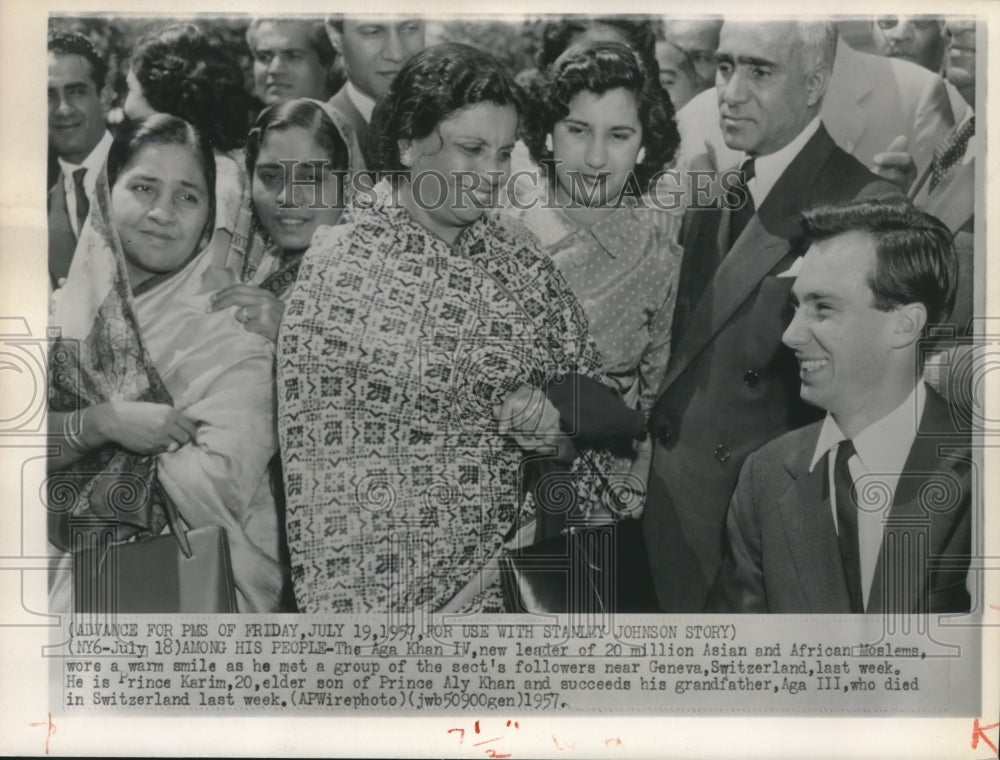 1957 Press Photo Aga Khan IV welcomed by Ismailis in Switzerland - mjx60169- Historic Images