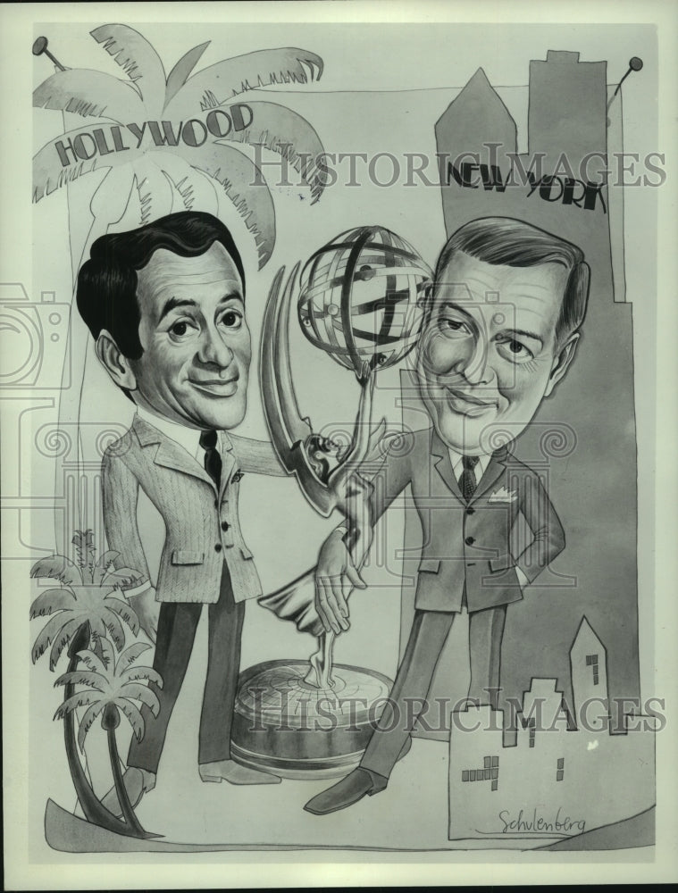 1969 Press Photo Caricatures of Joey Bishop and Hugh Downs for Emmy Awards- Historic Images