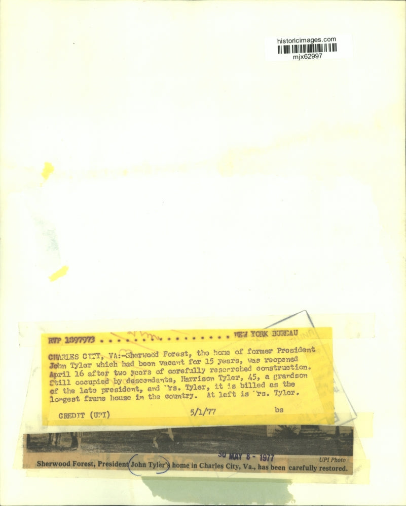 1977 Press Photo Sherwood Forest, the home of former President John Tyler, VA