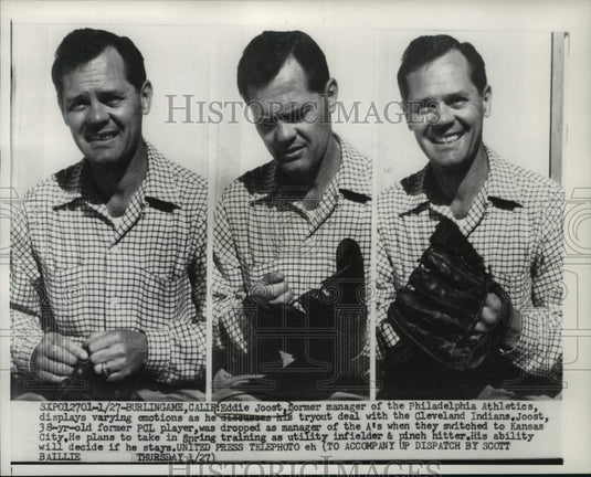 1955 Press Photo Eddie Joost discusses tryout deal with Cleveland Indians- Historic Images