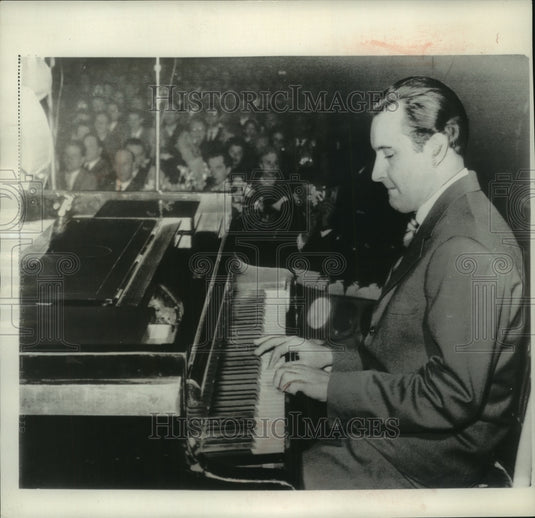 1958 Press Photo Romano Mussolini playing piano at Italian jazz festival in Remo- Historic Images