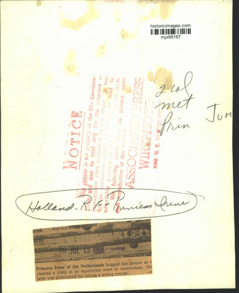 1956 Press Photo Princess Irene of the Netherlands horse jumping, Amsterdam