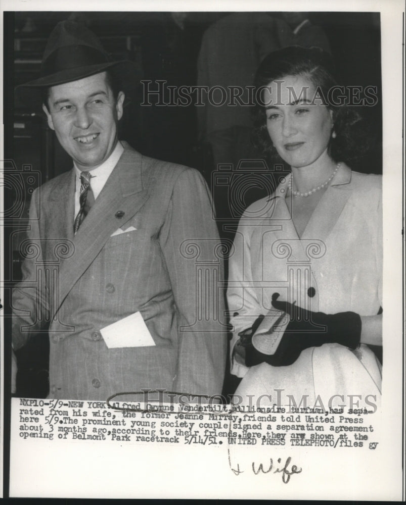 1951 Press Photo Alfred Gwynne Vanderbilt and Jeanne Murray at Belmont Park.- Historic Images