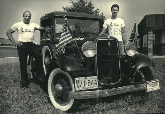 1987 Press Photo Don Ries and son, Dan with a 1934 Ford Pickup Truck - mjx67420- Historic Images