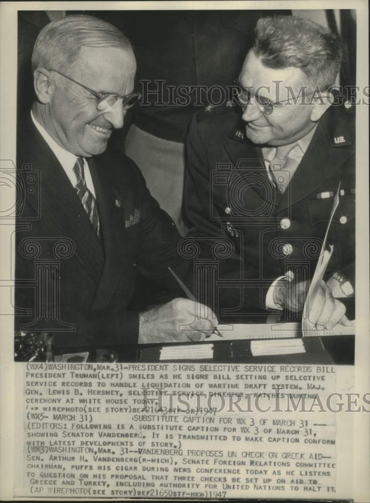 1947 Press Photo President Truman Signs Selective Service Records Bill- Historic Images