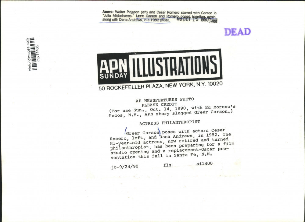 1982 Press Photo Actors Greer Garson, Cesar Romero and Dana Andrews - mjx71466