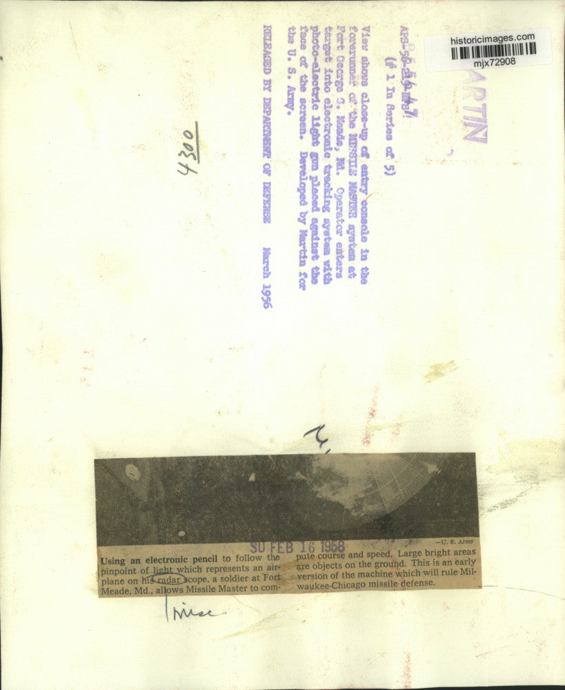 1956 Press Photo Soldier with Missile Master system at Fort Meade, Maryland