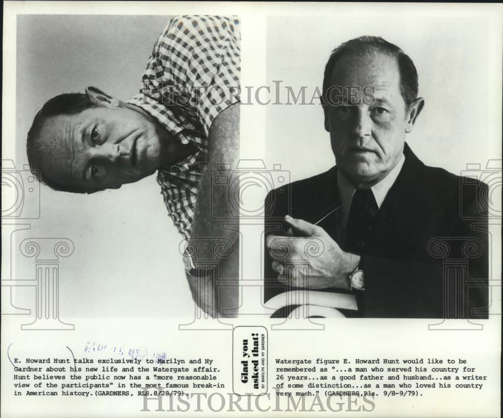 1979 Press Photo Watergate figure E. Howard Hunt Talks with Hy Gardner- Historic Images