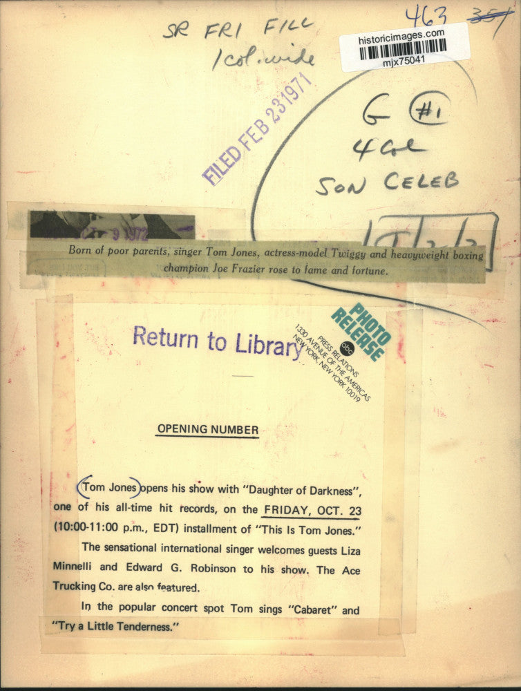 1971 Press Photo Singer Tom Jones - mjx75041