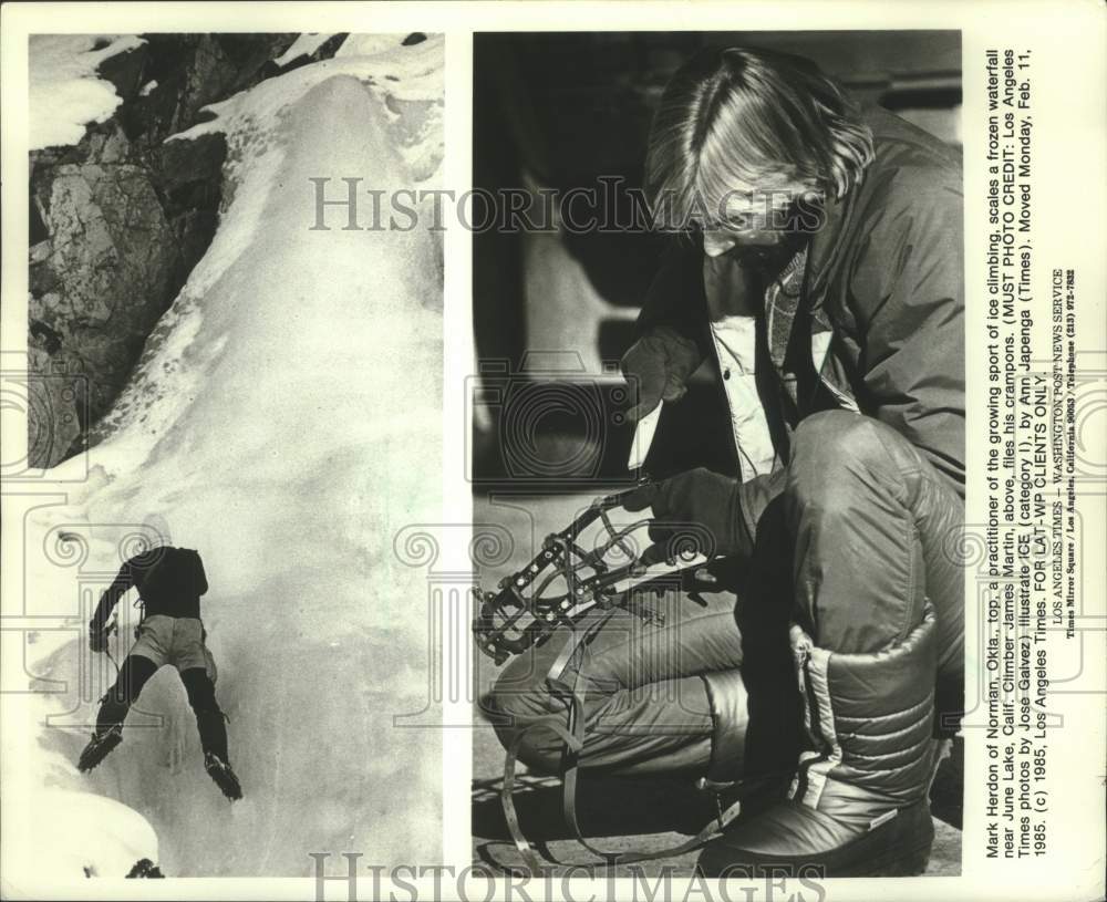 1985 Press Photo Jeff Jarvi and Mark Herdon Ice climbing June Lake, California- Historic Images