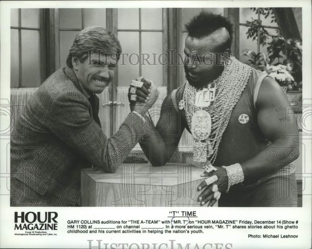 1984 Press Photo Gary Collins auditions for &quot;The A-Team&quot; with &quot;Mr. T&quot; .- Historic Images