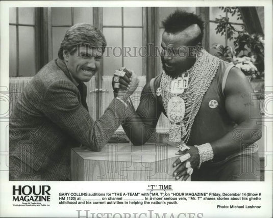 1984 Press Photo Gary Collins auditions for "The A-Team" with "Mr. T" .- Historic Images
