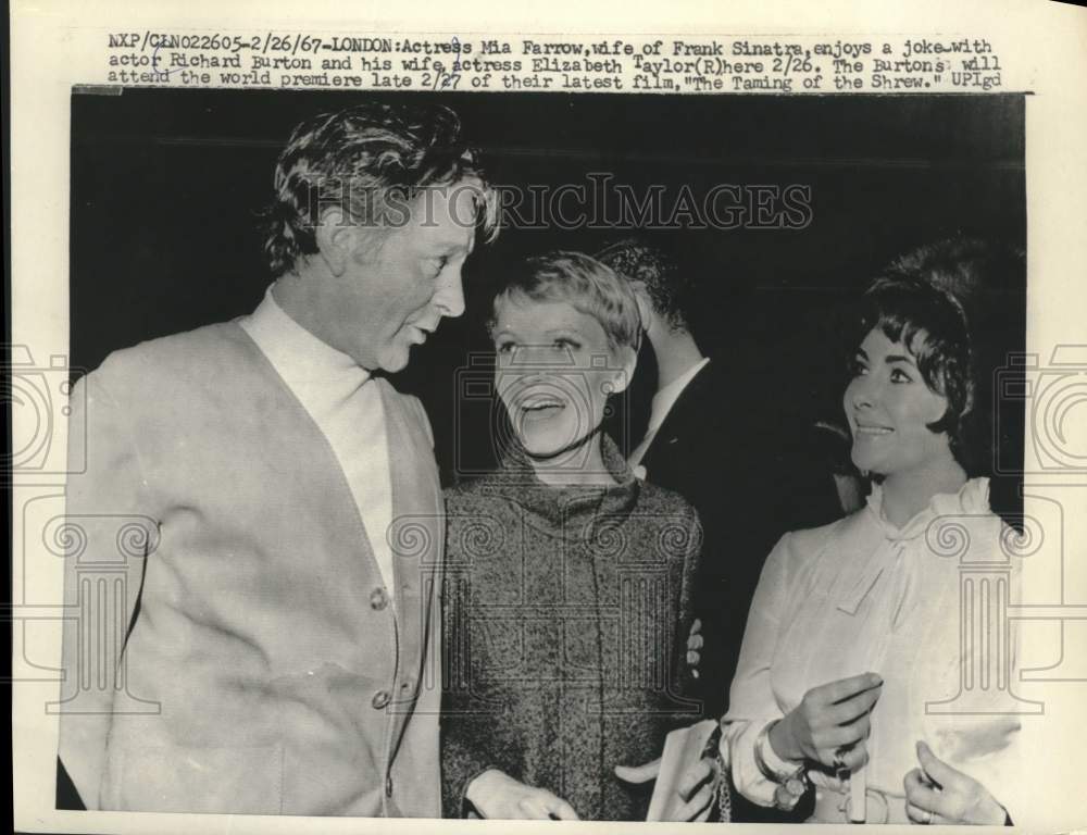 1967 Press Photo Richard Burton &amp; wife Liz Taylor &amp; Actress Mia Farrow, London- Historic Images