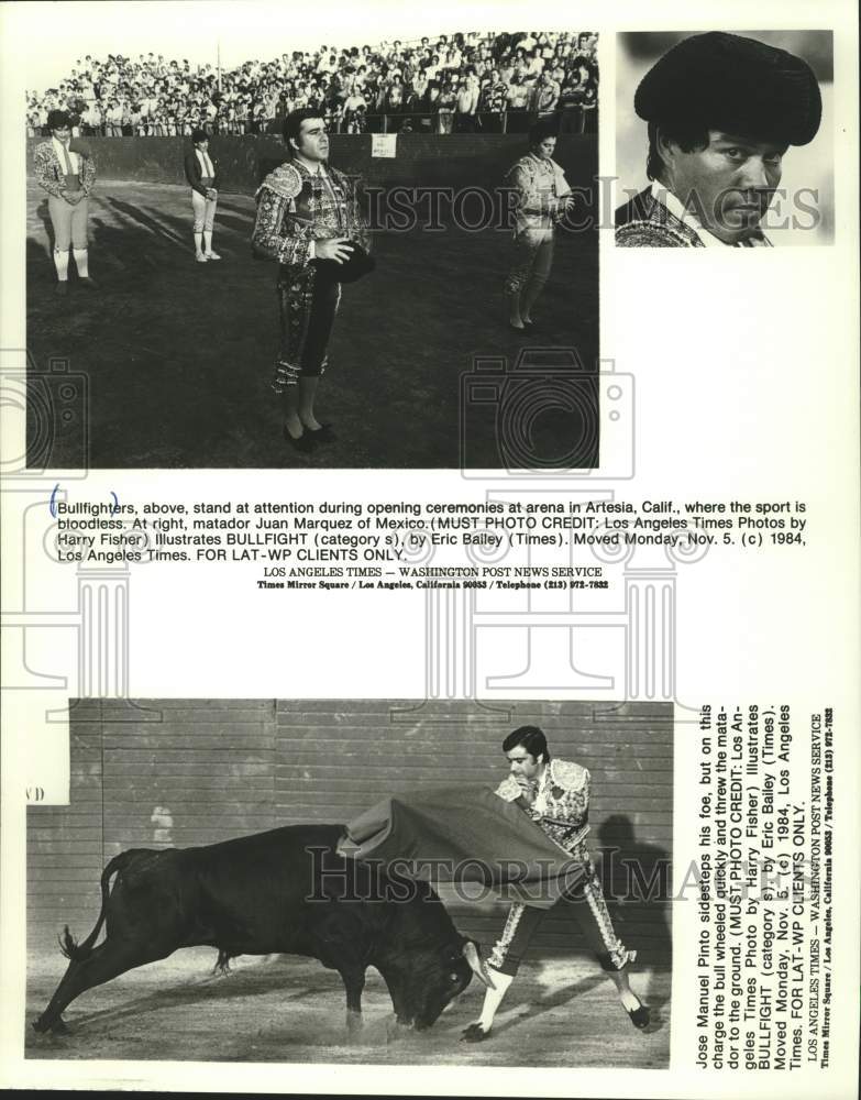 1984 Press Photo Bullfighters stand at attention at arena in Artesia, California- Historic Images