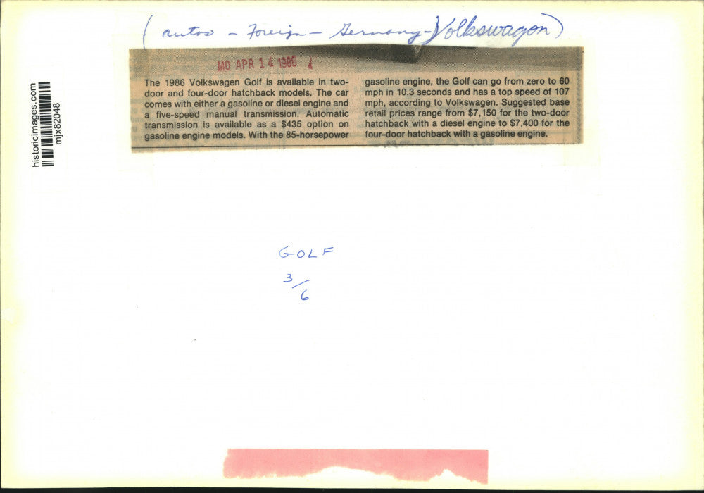 1986 Press Photo 1986 Volkswagen Golf - mjx82048