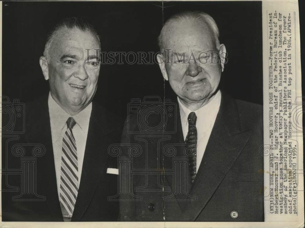 1959 Press Photo Herbert Hoover &amp; FBI Director J. Edgar Hoover in New York- Historic Images