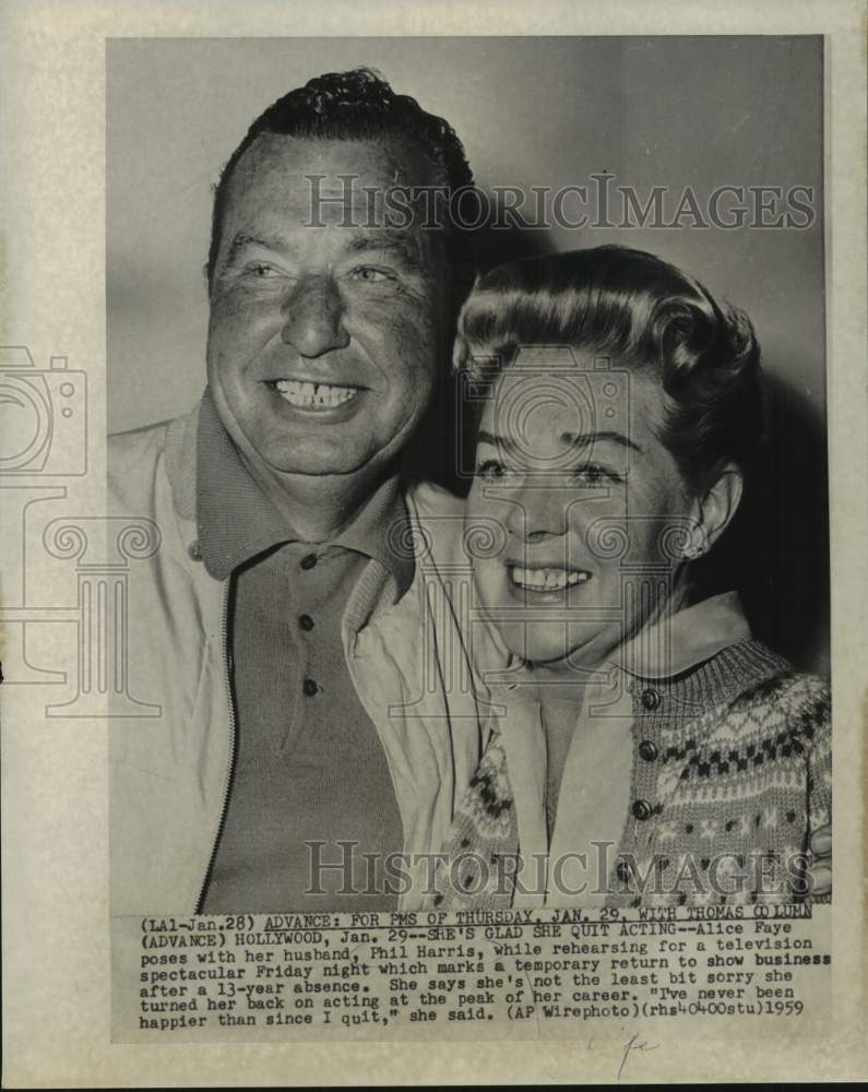 1959 Press Photo Alice Faye, Actress, and husband, Phil Harris, Hollywood