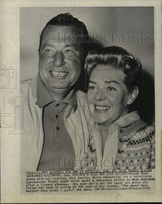 1959 Press Photo Alice Faye, Actress, and husband, Phil Harris, Hollywood