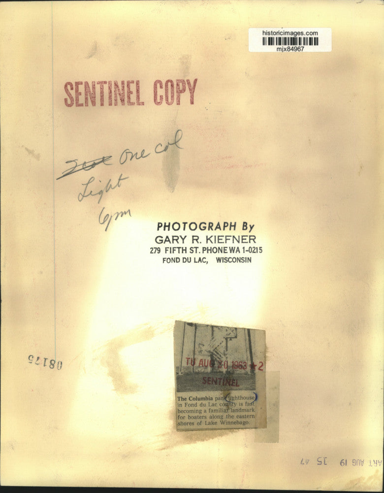 1963 Press Photo Columbia Park Lighthouse on Lake Winnebago - mjx84967