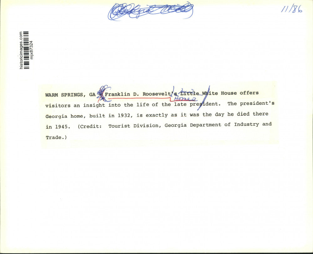 1986 Press Photo Franklin D. Roosevelt's rustic cottage at Warm Springs, Georgia