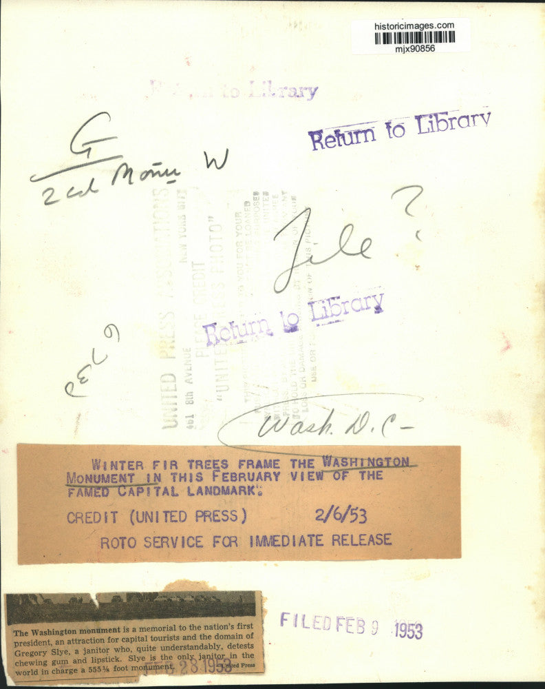 1953 Press Photo Fir trees frame the Washington Monument in Washington, D.C.