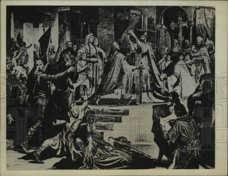 Load image into Gallery viewer, Press Photo Painting of Charlemagne conquering Lombardy in Italy in 774
