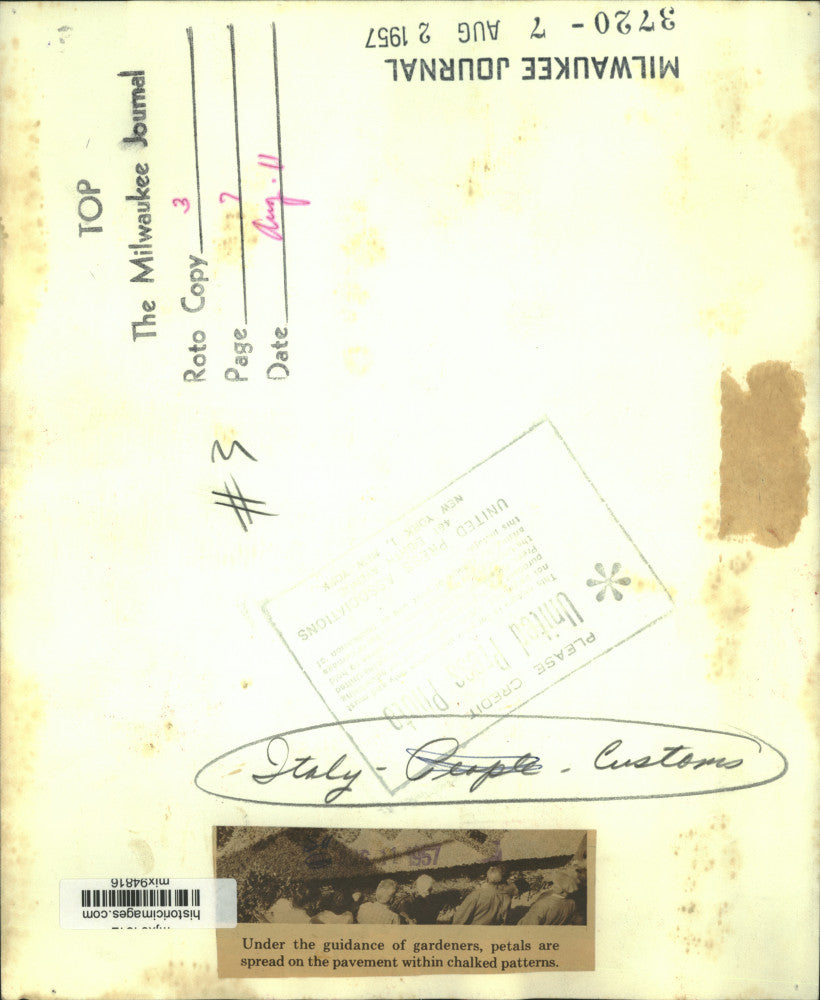 1957 Press Photo Petals are spread within chalked patterns in Italy. - mjx94816