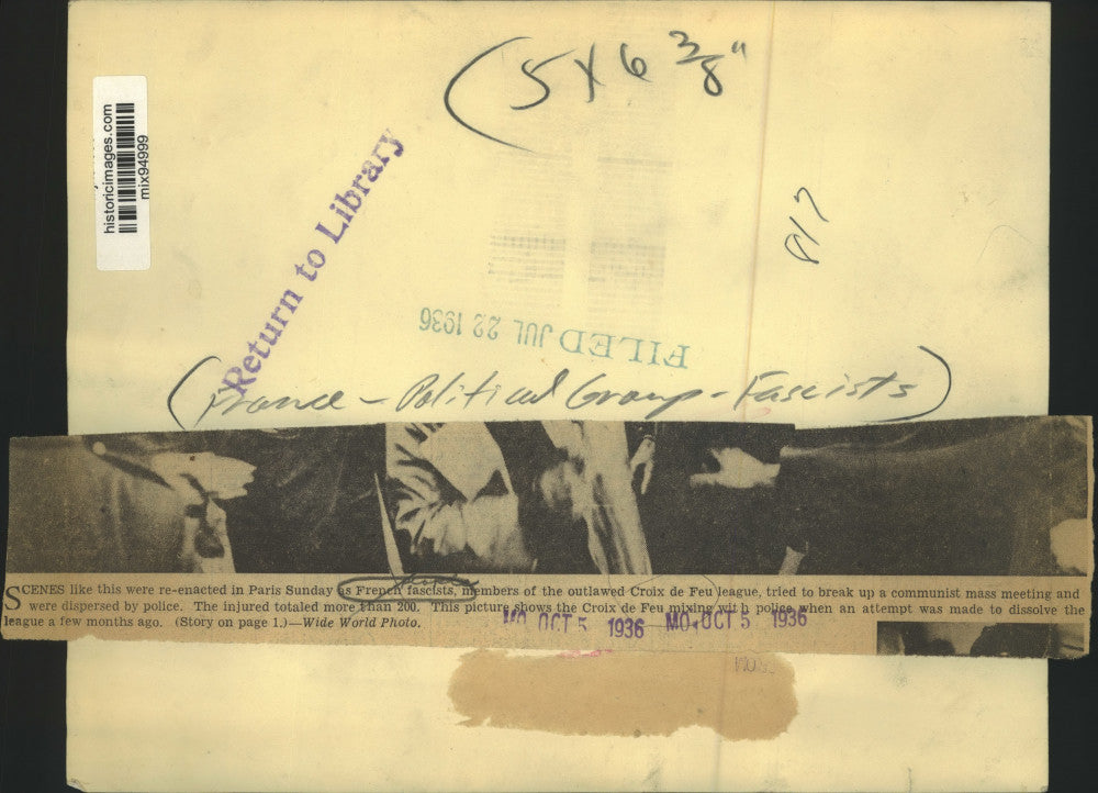 1936 Press Photo French group Croix de Feu mix with police after dismiss attempt