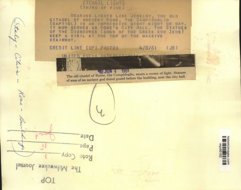 1961 Press Photo Old citadel of Ancient Rome, the Campidoglio in Italy