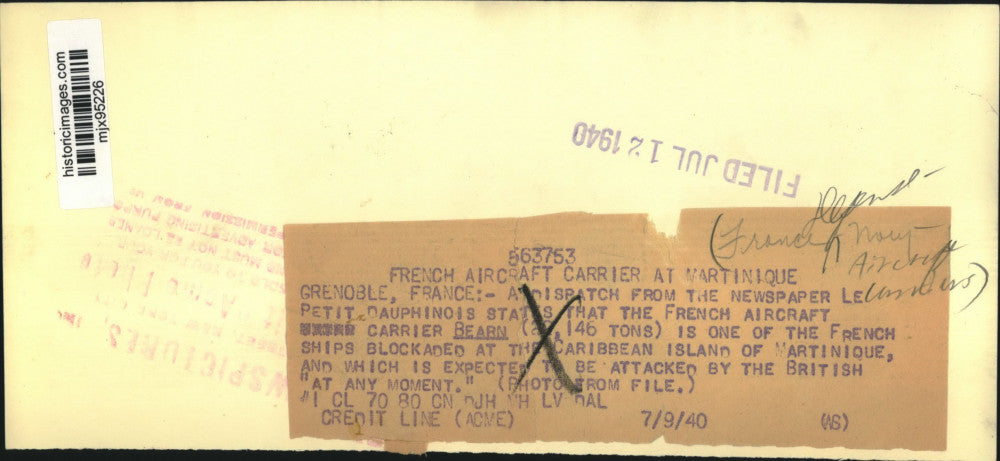 1940 Press Photo French aircraft carrier "Bearn" blockaded at Martinique.