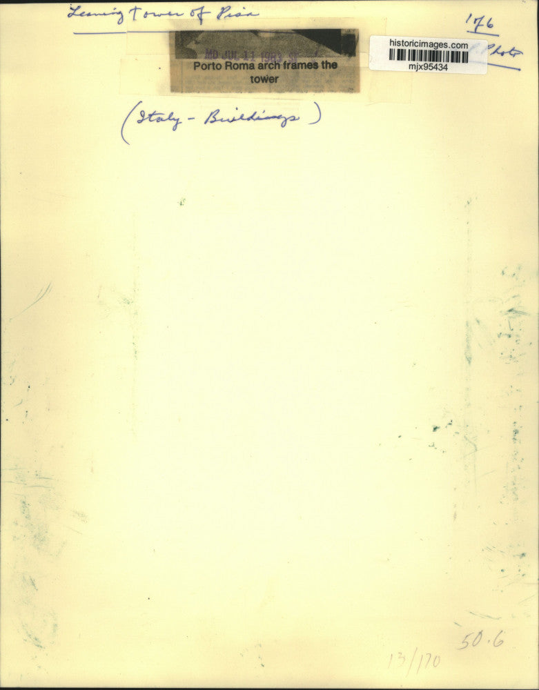 1983 Press Photo Porto Roma arch frames the tower at Pisa, Italy - mjx95434