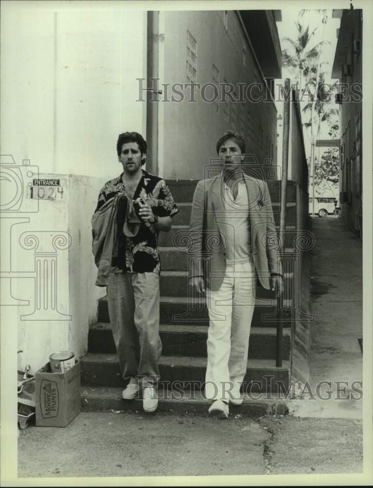 Load image into Gallery viewer, 1985 Press Photo Don Johnson and Glenn Frey star in NBC show "Miami Vice"
