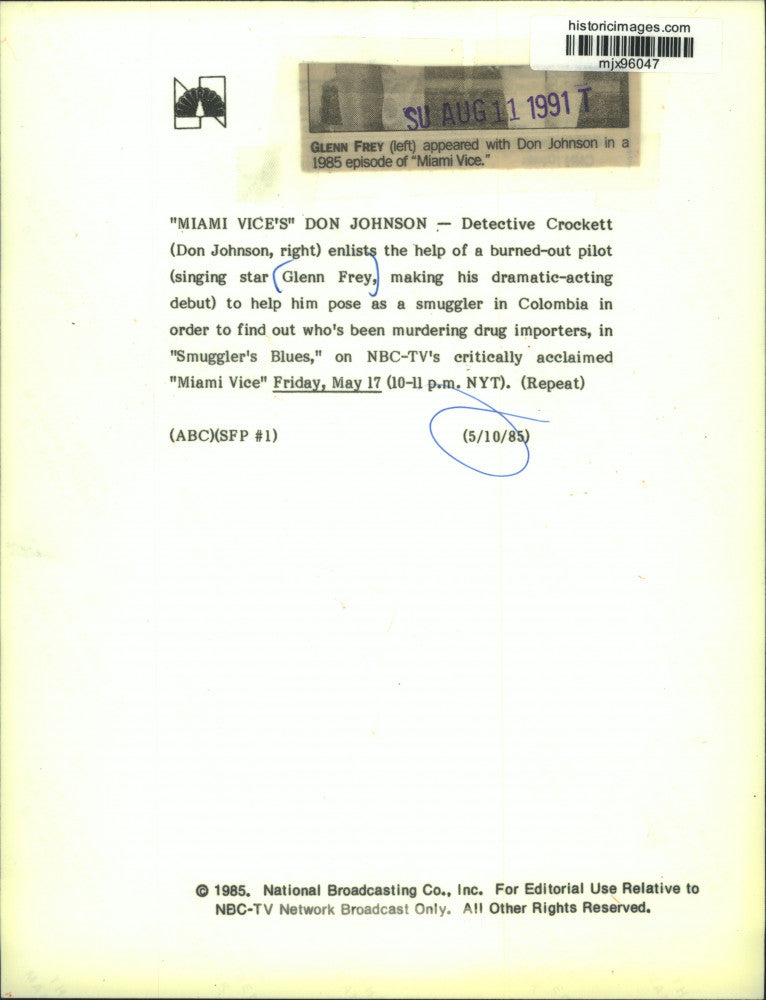 1985 Press Photo Don Johnson and Glenn Frey star in NBC show "Miami Vice"