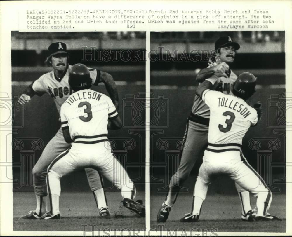 1983 Press Photo Angels&#39; Bobby Grich and Rangers&#39; Bobby Tolleson argue in game- Historic Images