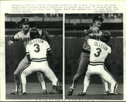1983 Press Photo Angels' Bobby Grich and Rangers' Bobby Tolleson argue in game- Historic Images