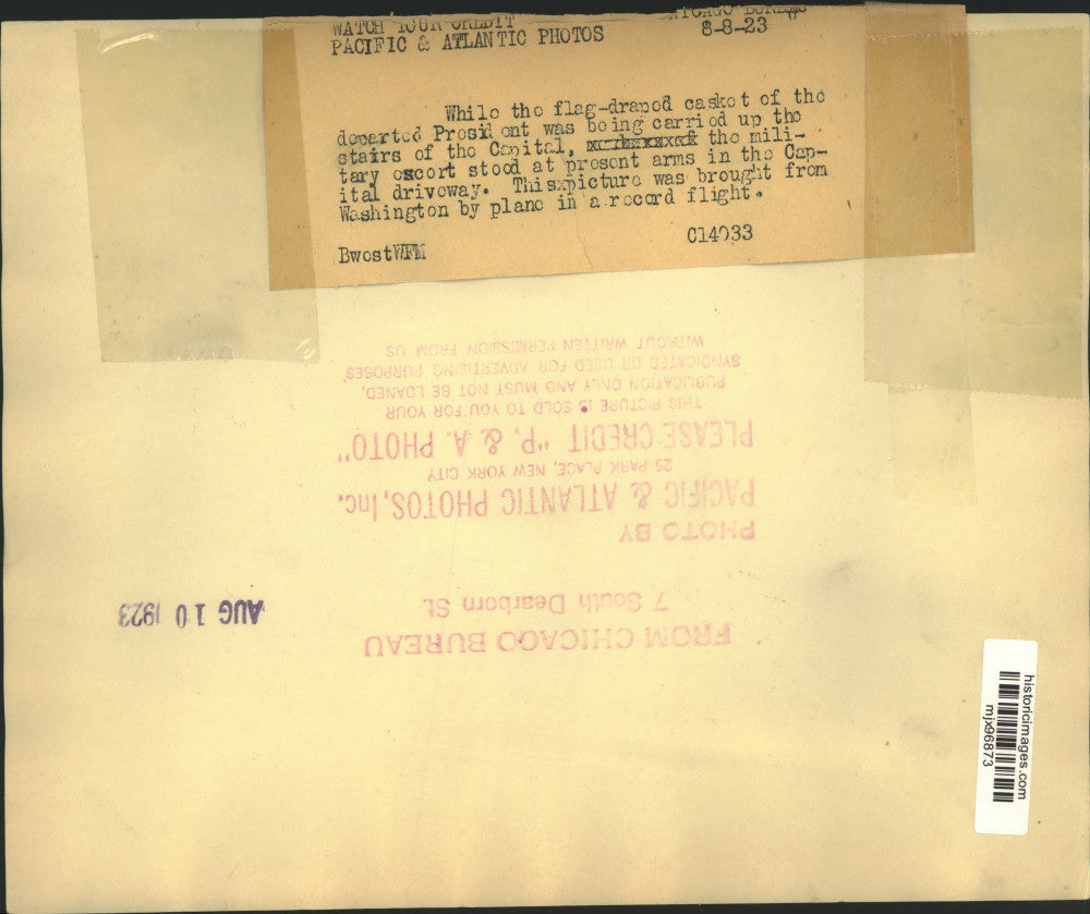 1923 Press Photo Aerial view of military escort of President's casket by Capitol