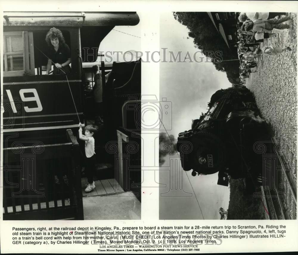 1989 Press Photo Riders on Steam train at Kinglsey, Pennsylvania depot- Historic Images