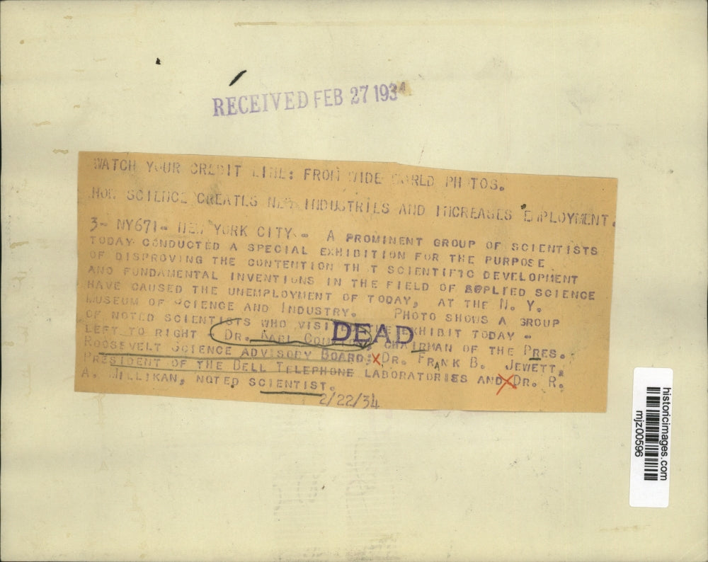 1934 Press Photo Dr. Karl Compton, Dr. Frank B. Jewett, Dr. R. A Millikan