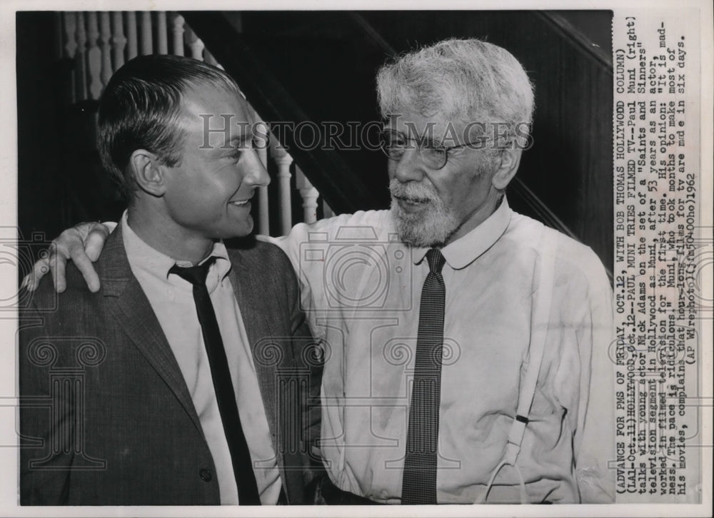 1962 Press Photo Paul Muni and Nick Adams on the Set of "Saints and Sinners"- Historic Images