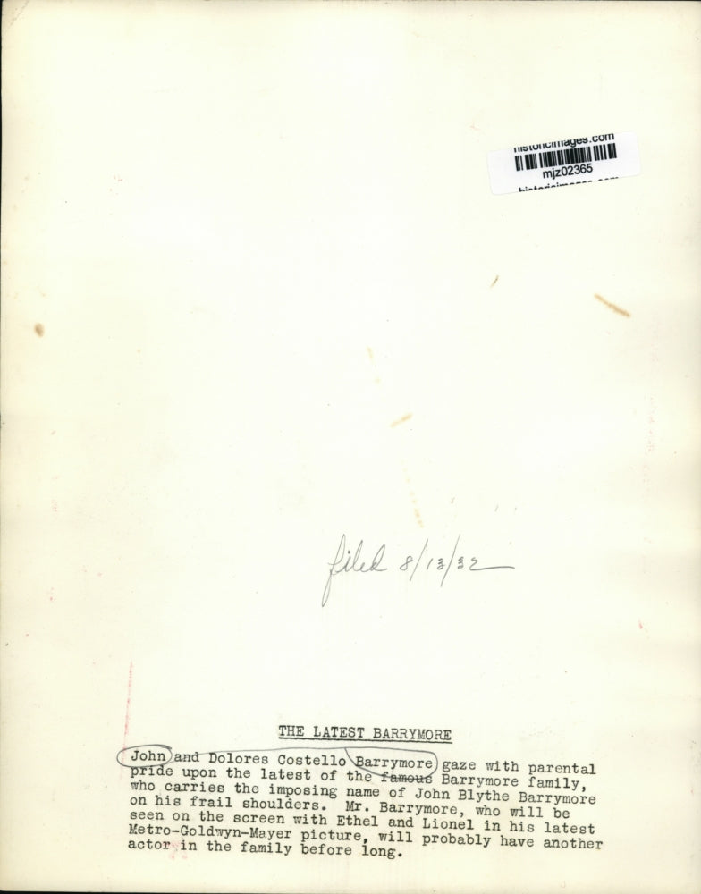 1932 Press Photo John & Dolores Costello Barrymore with newborn John Blythe